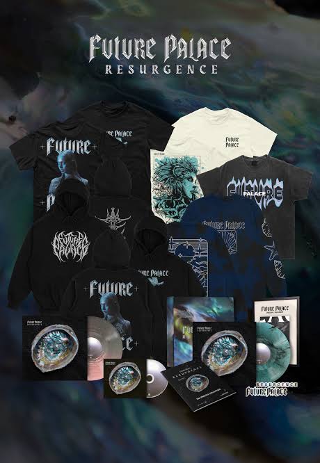 Merchandise Future Palace — vinyl, tričko, placky a CD na tmavém povrchu